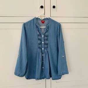 Toofan Tencel Blue Pintuck Button Front Top Size Medium